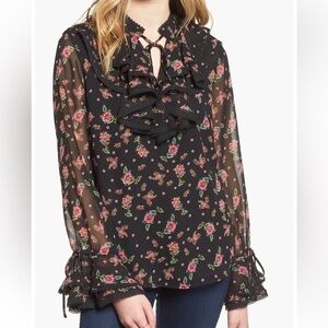 Rebecca Minkoff Devy Black/Pink Floral Ruffle Bell Sleeve Blouse Size Small